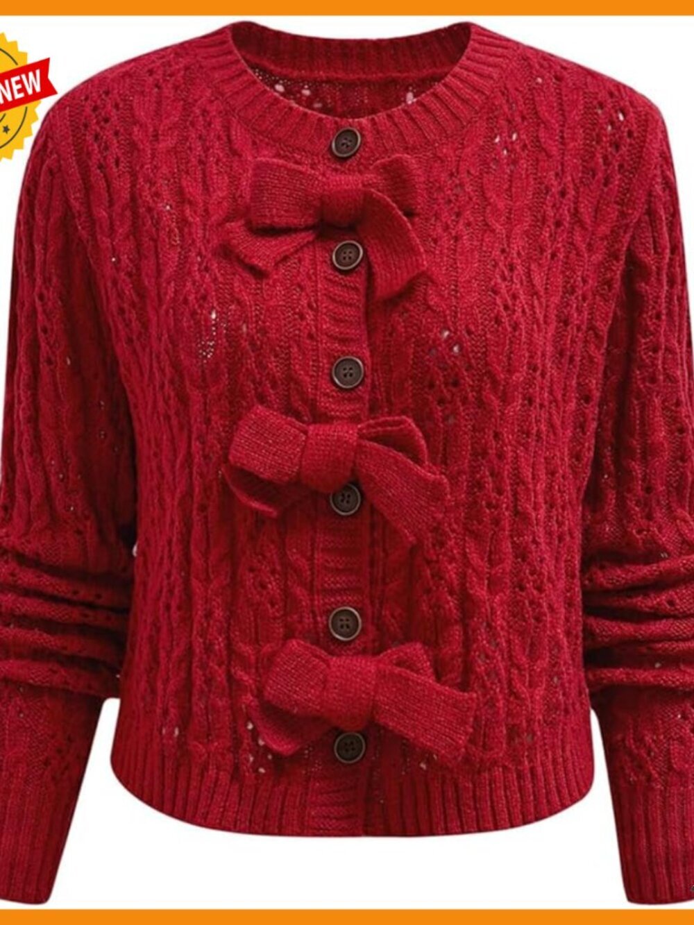 Cable Knit Cardigan with Bowknot Buttons, Long Sleeve Crewneck Sweater